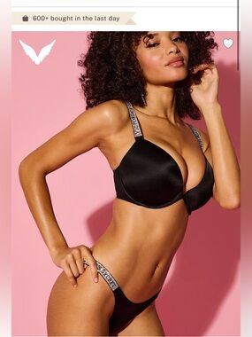 Victoria’s Secret Very Sexy Logo Shine Strap Push-Up Bra Set Thong 32C/L New